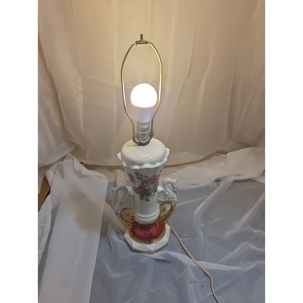 Victorian Style Lamp Worrall Roses Swans Gilded Ceramic 1940s Signed  Wescal Wrk